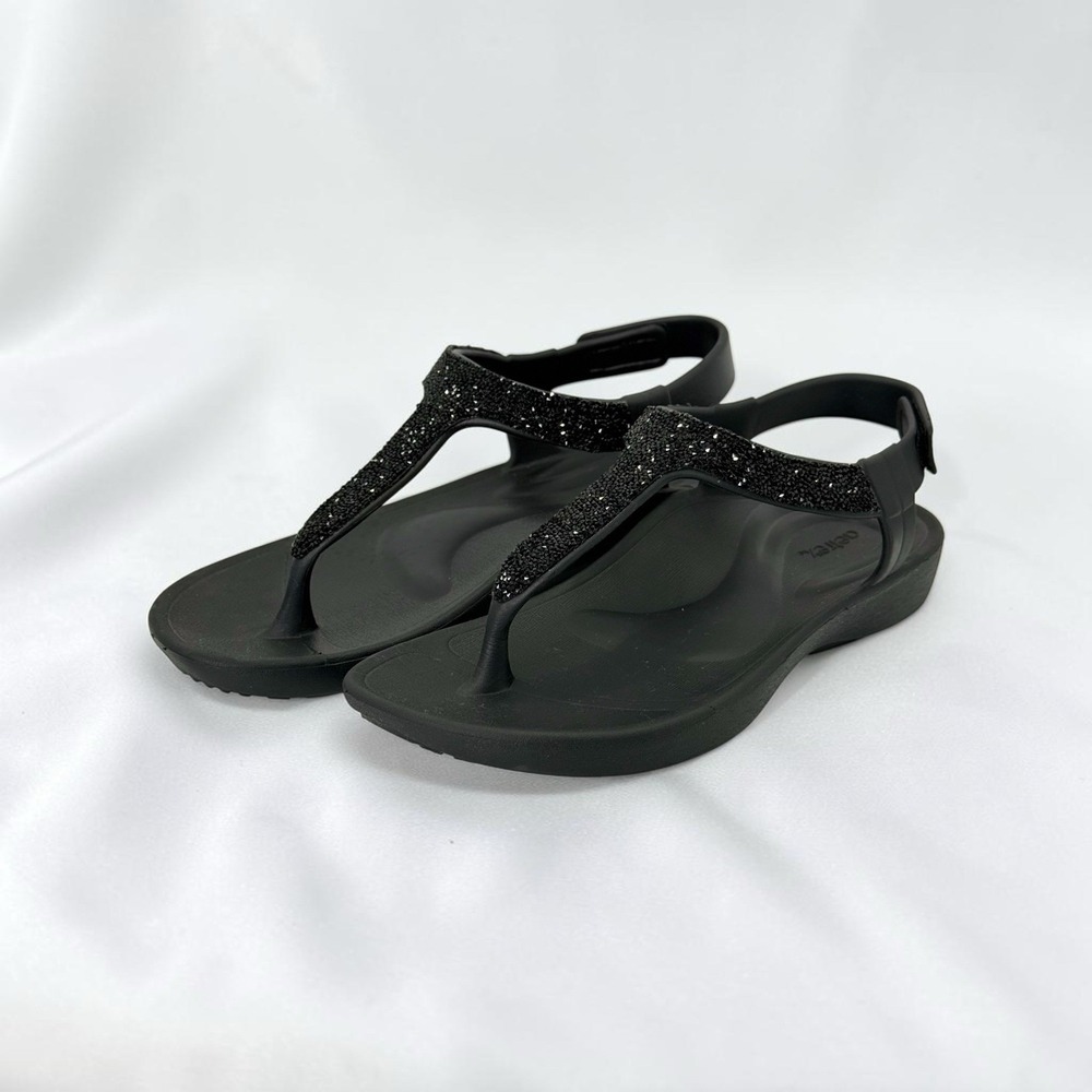 Aetrex Eve Womens 7 Black Sparkly Rhinestone Thong Sandals Arch Support Comfort!